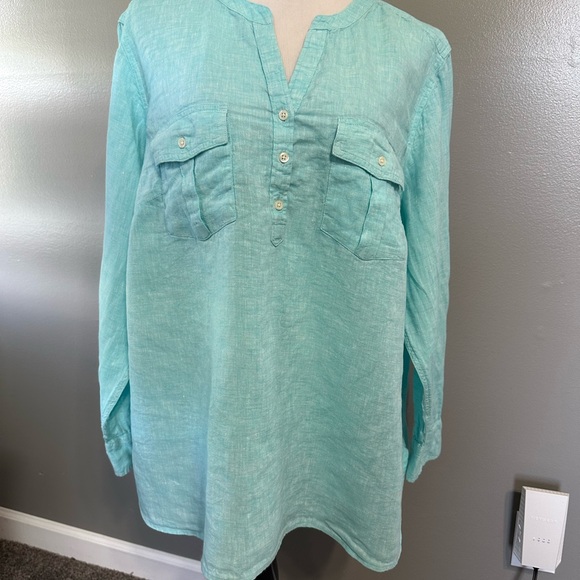 Talbots women’s 3X linen long sleeve shirt roll tab pullover tunic top aqua blue - Picture 2 of 12